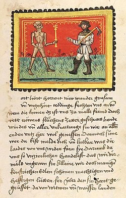 Heidelberský rukopis Oráč z Čech, obrázek Oráč a Smrt z 2. kapitoly. Stuttgart, kolem roku 1470