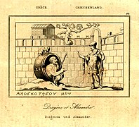 Alexander visits Diogenes living in a barrel at Corinth in an early 19th century engraving.jpg