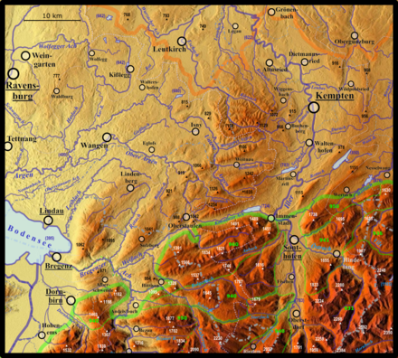 Relief der Nagelfluhschwelle inklusive der subalpinen, bis 1254 m erreichenden Nagelfluhhöhen und Senken zwischen Bodensee und Wertach nördlich der Nagelfluhketten; Legende siehe Bildbeschreibungsseite