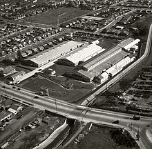 Aerial view of the Amalgamated Wireless Factory in Burwood in 1935. Amalgamated Wireless Factory Parramatta Rd. Burwood- 19th September 1935 (19268794499).jpg