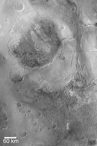 In this mosaic taken by the Mars Global Surveyor: Aram Chaos - top left and Iani Chaos - bottom right. A river-bed-like outflow channel can be seen, originating from Iani Chaos and extending towards the top of the image. Aram Chaos.jpg