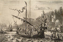 Разин бросает княжну в Волгу. Иллюстрация к голландскому изданию XVII века мемуаров Стрейса