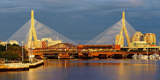 The Zakim Bridge carrying traffic on Intestate 93 from Boston across the Charles River.
