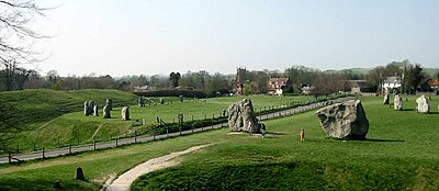 Avebury in Wiltshire is the largest example of a stone circle from the British Isles, and is physically situated within an earlier henge. Avebury Stone Circles.jpg