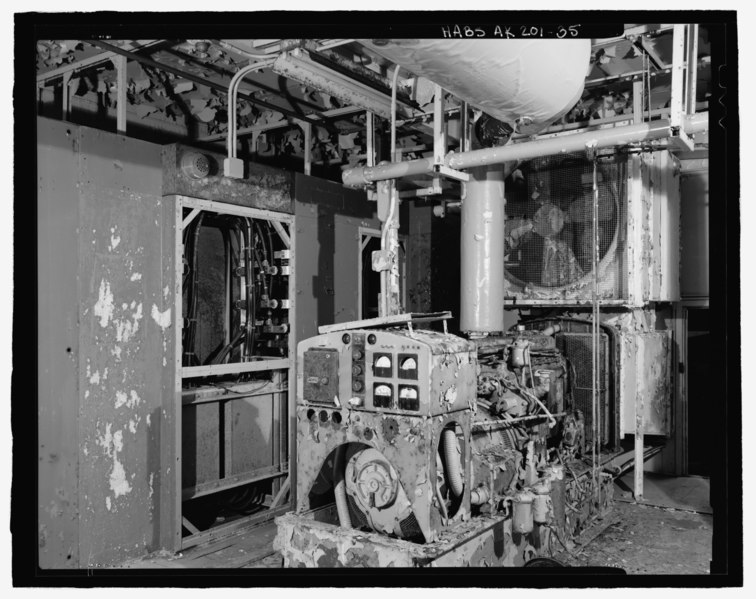 File:Back of master electrical fuse panel and generator, Building 3, looking northwest - POW-3 Distant Early Warning Line Station, Bullen Point, Prudhoe Bay, North Slope Borough, AK HABS AK-201-35.tif