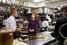 Guthrie interviews Barack Obama in the White House kitchen for a Super Bowl XLIX pre-game show Barack Obama participates in a live NBC interview in the White House Kitchen with Savannah Guthrie, 2015.jpg