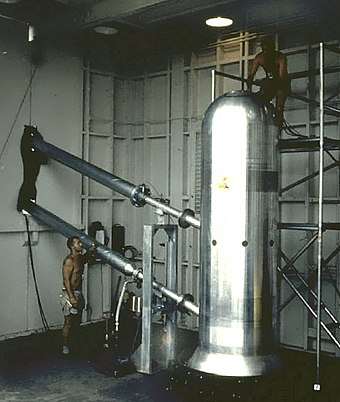 Bassoon, the prototype for a 9.3-megaton clean bomb or a 25-megaton dirty bomb. Dirty version shown here, before its 1956 test. The two attachments on the left are light pipes; see below for elaboration.