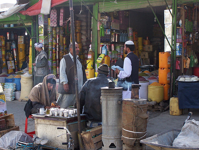 An old bazaar scene in Kabul City, Afghanistan.