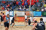 Deutsch: Beachhandball Europameisterschaften 2019 (Beach handball Euro); Tag 6: 7. Juli 2019 – Spiel um Platz Drei, Männer, Ungarn-Russland 2:0 (26:20, 23:22) English: Beach handball Euro; Day 6: 7 July 2019 – Men's Bronze Medal Match – Hungary-Russia 2:0 (26:20, 23:22)