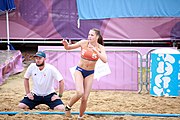 Deutsch: Beachhandball bei den Olympischen Jugendspielen 2018; Tag 6, 12. Oktober 2018; Mädchen, Hauptrundenspiel – Ungarn-Niederlande 2:1 English: Beach handball at the 2018 Summer Youth Olympics at 12 October 2018 – Girls Main Round – Hungary-Netherlands 2:1