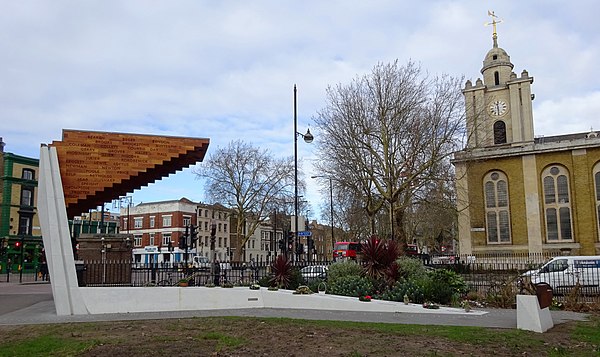 Stairway to Heaven, also seen is Bethnal Green tube station, CoE St John Church and Salmon and Ball public house.