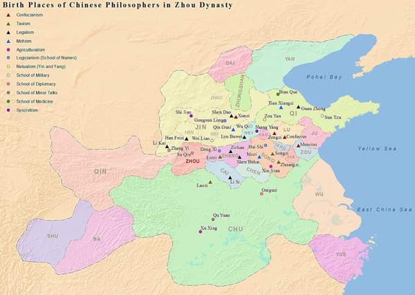 The birthplaces of notable Chinese philosophers from the Hundred Schools of Thought in the Zhou Dynasty. Philosophers of Taoism are marked by triangles in dark green.