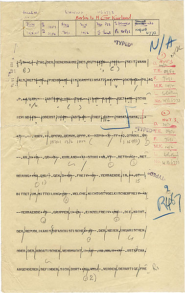 A typical Bletchley Park intercept sheet of an Enigma machine message, after decryption.