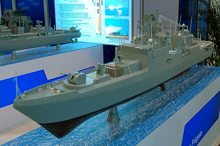 Model of a frigate with vertical-launched BrahMos