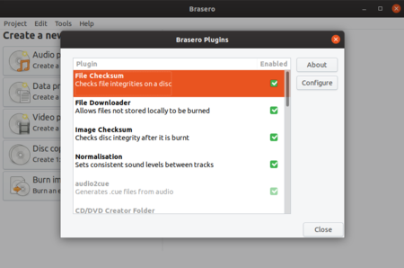 Plugins window on Ubuntu Linux Brasero - Plugins.png