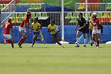 6 August 2016: Nievas refereeing a match between Brazil and Great Britain at the 2016 Summer Olympics Brasil vs Gra-Bretanha - rugby sevens feminino 6 ago 13.jpg
