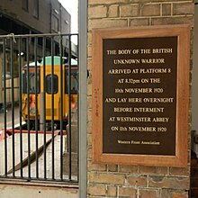 A plaque at Victoria Station marking site of the arrival of the coffin on 10 November. British Unknown Warrior Plaque.jpg