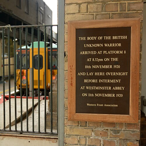 A plaque at Victoria Station marking site of the arrival of the coffin on 10 November.