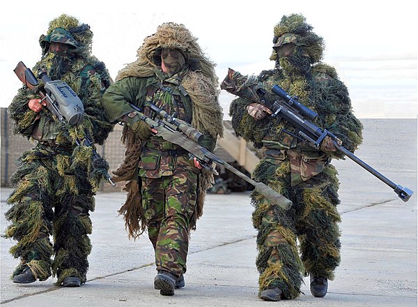 French and British (center) snipers equipped with FR F2, Accuracy International AWM and PGM Hécate II rifles (left to right, 2012) and camouflage Ghil