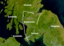 Possible language zones in southern Scotland, 7th-8th centuries (after Nicolaisen, Scottish Place-Names and Taylor, "Place Names"). Britons in Southern Scotland (languages).png