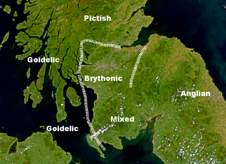 Possible language zones in southern Scotland, 7th–8th centuries (after Nicolaisen, Scottish Place-Names and Taylor, "Place Names").