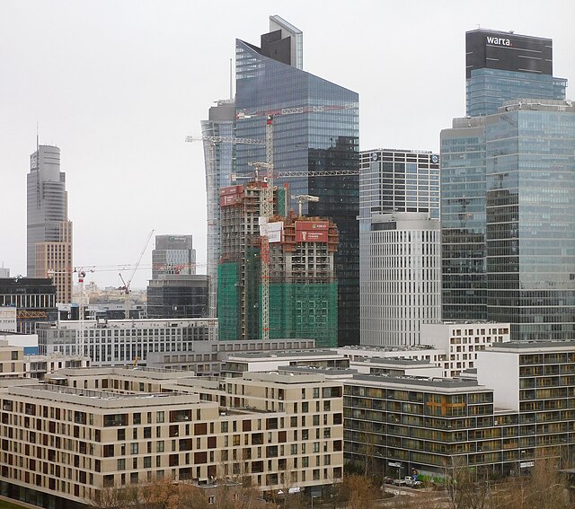High-rise buildings, including the Towarowa Towers under construction in the centre