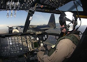 HMH-769 Pilot Maj. David Montesano aerial refuels during 2006 annual training. CH-53E cockpit.jpg