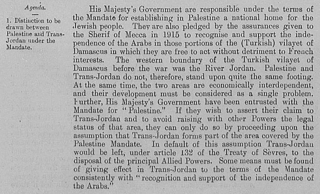 12 March 1921 British memorandum explaining the situation of Transjordan: "His Majesty's Government have been entrusted with the Mandate for 'Palestin