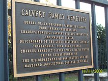 Calvert Cemetery plaque in Riverdale, Maryland, one of the founders of what is now the University of Maryland, College Park. Nov 2008 Calvert Cemetery Plaque Nov 2008.JPG