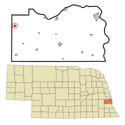 Cass County Nebraska Incorporated and Unincorporated areas Greenwood Highlighted.svg