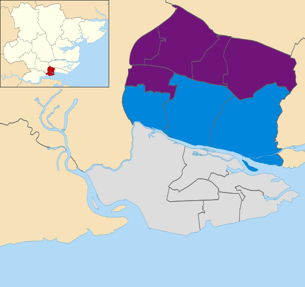Map of the results of the 2014 Castle Point Borough Council election. Canvey Island Independent Party in light grey, UK Independence Party in purple and Conservative in blue.