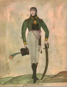 Uniforme de un miembro de la Compañía de Cazadores Correntinos, acuarela anónima de 1806.