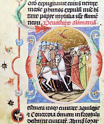 Chronicon Pictum, Attila, Hun, Hungarian, King, Pope Leo, Rome, meeting, medieval, chronicle, book, illumination, illustration, history