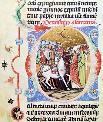 Illustration of the meeting between Attila and Pope Leo from the Chronicon Pictum, c. 1360