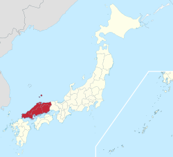 Harta care arată regiunea Chūgoku din Japonia.  Cuprinde zona îndepărtată a vestului insulei Honshu.