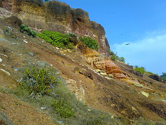 Cliffs at Varkala, Thiruvananthapuram district. It is the only place in southern Kerala where cliffs are found adjacent to the Arabian Sea Cliffs Varkala.jpg