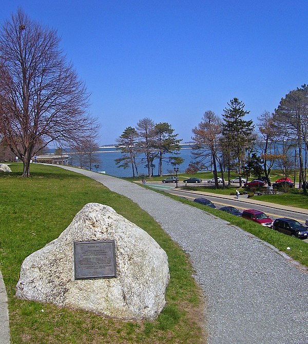 NHL plaque on Cole's Hill with Plymouth Bay in background, 2008