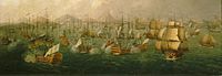 Bataille de Porto Praya, le 16 avril 1781. Le Héros est le vaisseau le plus engagé dans le combat et doit prendre en remorque un autre bâtiment.