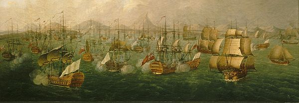 A depiction of Praia during the Battle of Porto Praya Combat de la Praya 16 04 1781.jpg