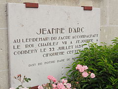 Corbeny (Aisne) mairie, plaque Jeanne d'Arc.JPG