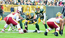 Linsley in a game against the Washington Redskins Corey Linsley 2019.jpg