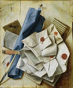 Letters sealed with wax in a painting from 1675 by Cornelis Norbertus Gysbrechts Cornelis Norbertus Gysbrechts - Quodlibet.jpg