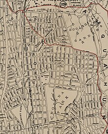 1912 map showing Crotona Park with Borough Hall Park (now called Walter Gladwin Park) directly adjacent across East 175th Street.  Claremont Park to the west and Bronx Park (Zoological Gardens) to the northeast.  This map predates the Cross Bronx Expressway, which now separates Crotona and Walter Gladwin parks.  Claremont Parkway, which now bisects Crotona Park at the level of Wendover Ave had also not yet been built.