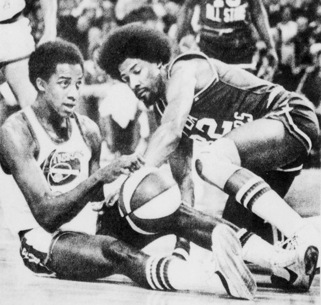 David Thompson (Denver) and Julius Erving (New York) at the 1976 ABA All-Star Game