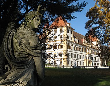 Eggenberg Palace with statue of Diana in the garden Photograph: Clemens Stockner Licensing: CC-BY-SA-4.0