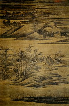 Boscajes invernales y riberas escalonadas, hacia 950, rollo vertical, tinta y colores sobre seda, 181,5 × 116,5 cm. Instituto Kurokawa de arte antiguo, Hyogo, Japón.[3]​·.[4]​