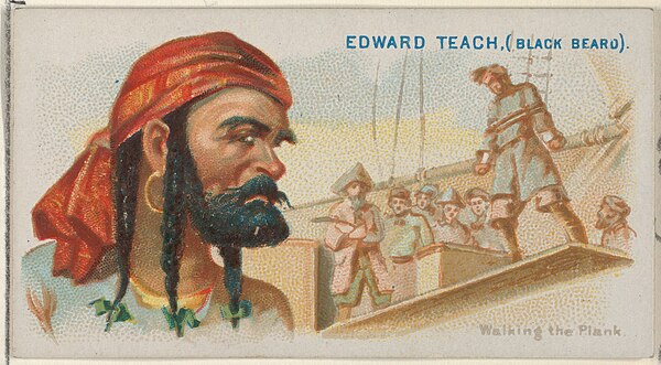 Edward Teach (Black Beard), Walking the plank, from the "Pirates of the Spanish" series (N19), cigarette card by Allen & Ginter