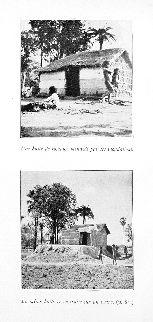Une hutte de roseaux menacée par les inondations. La même hutte reconstruite sur un tertre, (p. 81.)