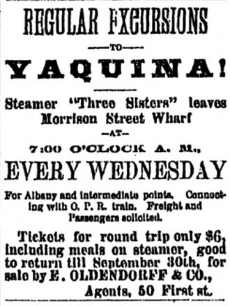 Advertisement for excursions to Yaquina Bay, carried in part by Three Sisters, July 20, 1887 Excursions to Yaquina advertisement 1887.jpg