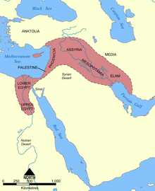 A map showing the generally defined area of the Fertile Crescent in red Fertile Crescent map.png
